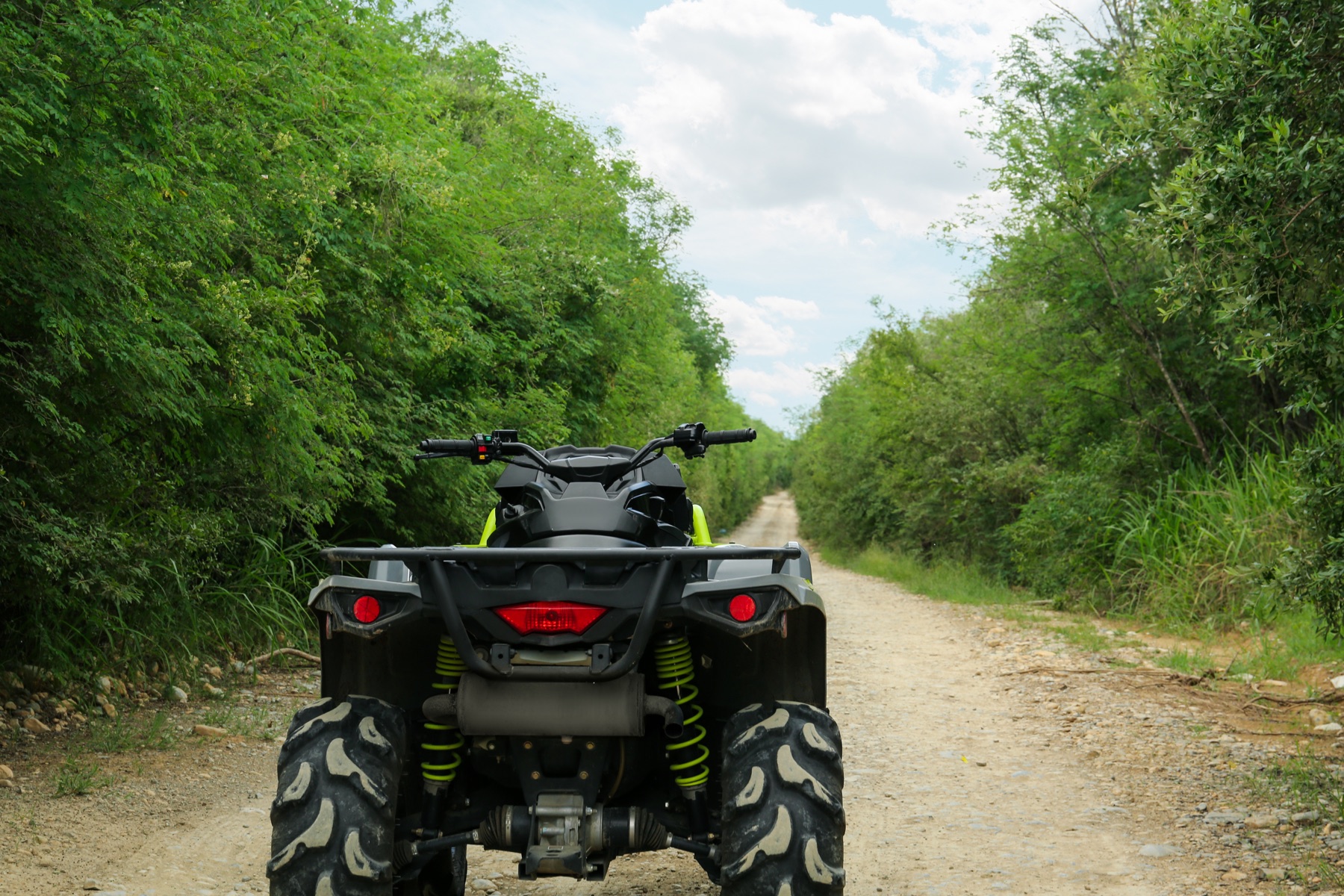 A parked quad bike on a tree-lined dirt path, illustrative stock photograph