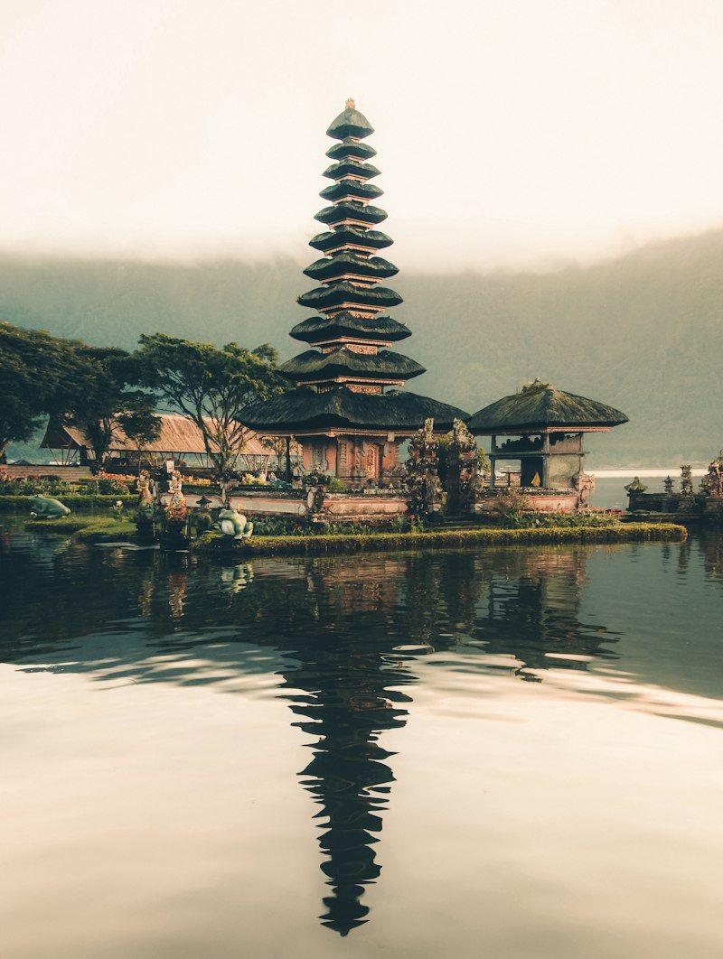 A lake temple reflected in still water