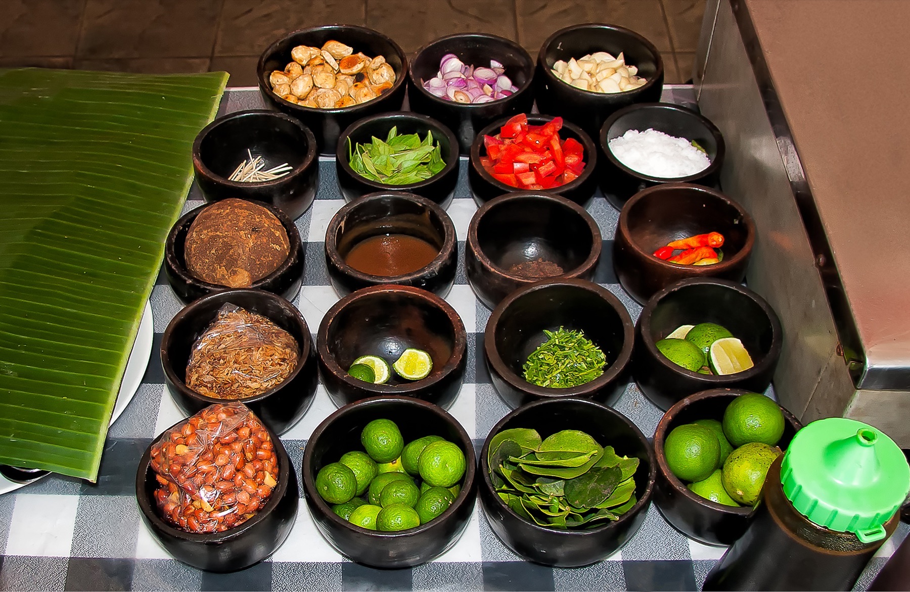 Bowls of fresh ingredients and spices for Balinese cooking